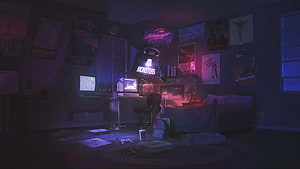 Dimly Lit Retro Bedroom with Neon Signs and Vintage Computer Setup HD wallpaper