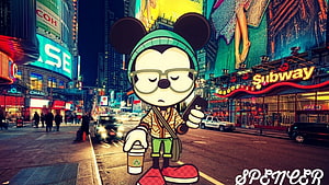 Mickey Mouse in Streetwear Holding Starbucks Coffee in Times Square at Night HD wallpaper