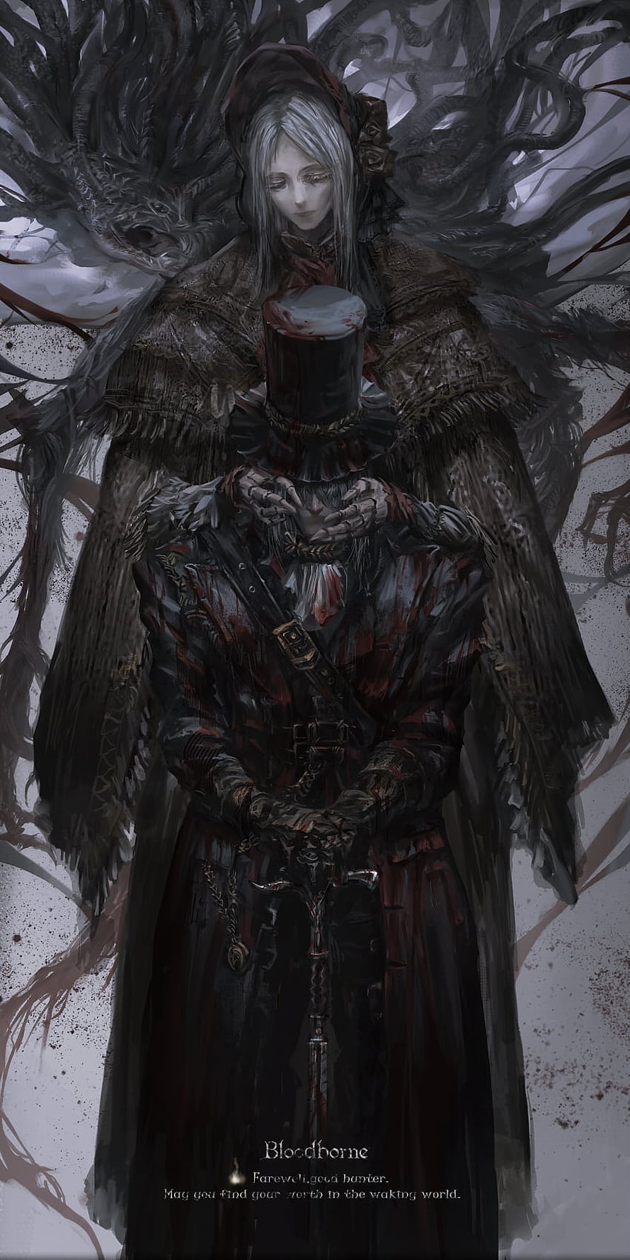 Bloodborne Hunter and Doll in Dark Fantasy Artwork HD phone wallpaper