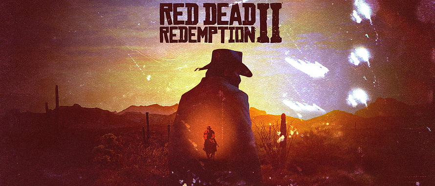 Red Dead Redemption II Western Cowboy Silhouette at Sunset with Desert Landscape and Game Logo HD wallpaper