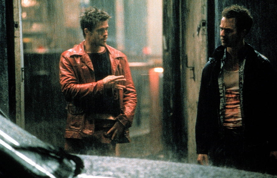 Fight Club Movie Scene with Tyler Durden and Narrator in Rainy Alley HD wallpaper