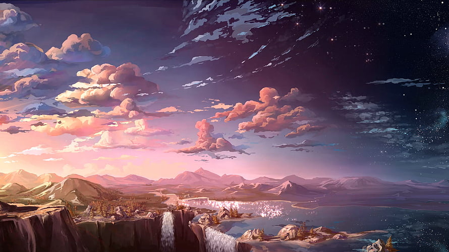 Anime Fantasy Landscape with Waterfall, Mountains, and Starry Twilight Sky HD wallpaper