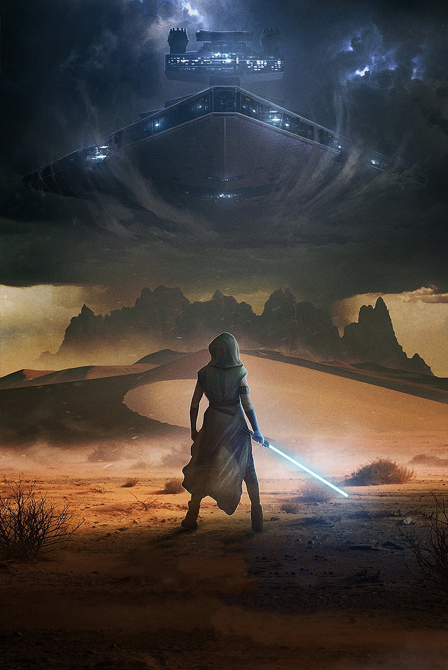 Star Wars The Rise of Skywalker Concept Art of a Jedi Standing in a Desert with a Star Destroyer Overhead HD phone wallpaper