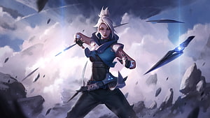 Jett from Valorant in dynamic action pose with floating blades and shattered debris HD wallpaper
