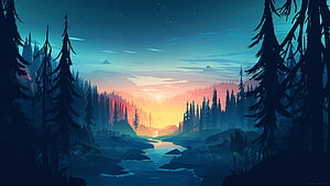 Stylized Digital Illustration of a Serene Forest Valley at Sunset with a Winding River HD wallpaper