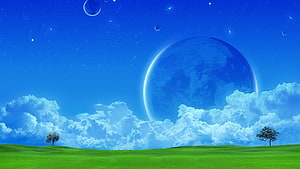 Dragon Ball Z Fantasy Landscape with Giant Planet and Rolling Green Hills HD wallpaper