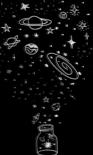 Hand-drawn cosmic doodles spilling from a glass jar on a black background HD phone wallpaper
