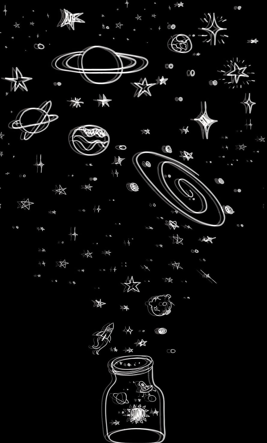 Hand-drawn cosmic doodles spilling from a glass jar on a black background HD phone wallpaper
