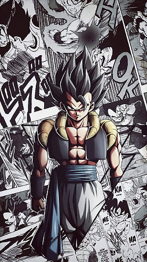 Gogeta Dragon Ball Z Anime Character Standing in Front of Manga Panels HD phone wallpaper
