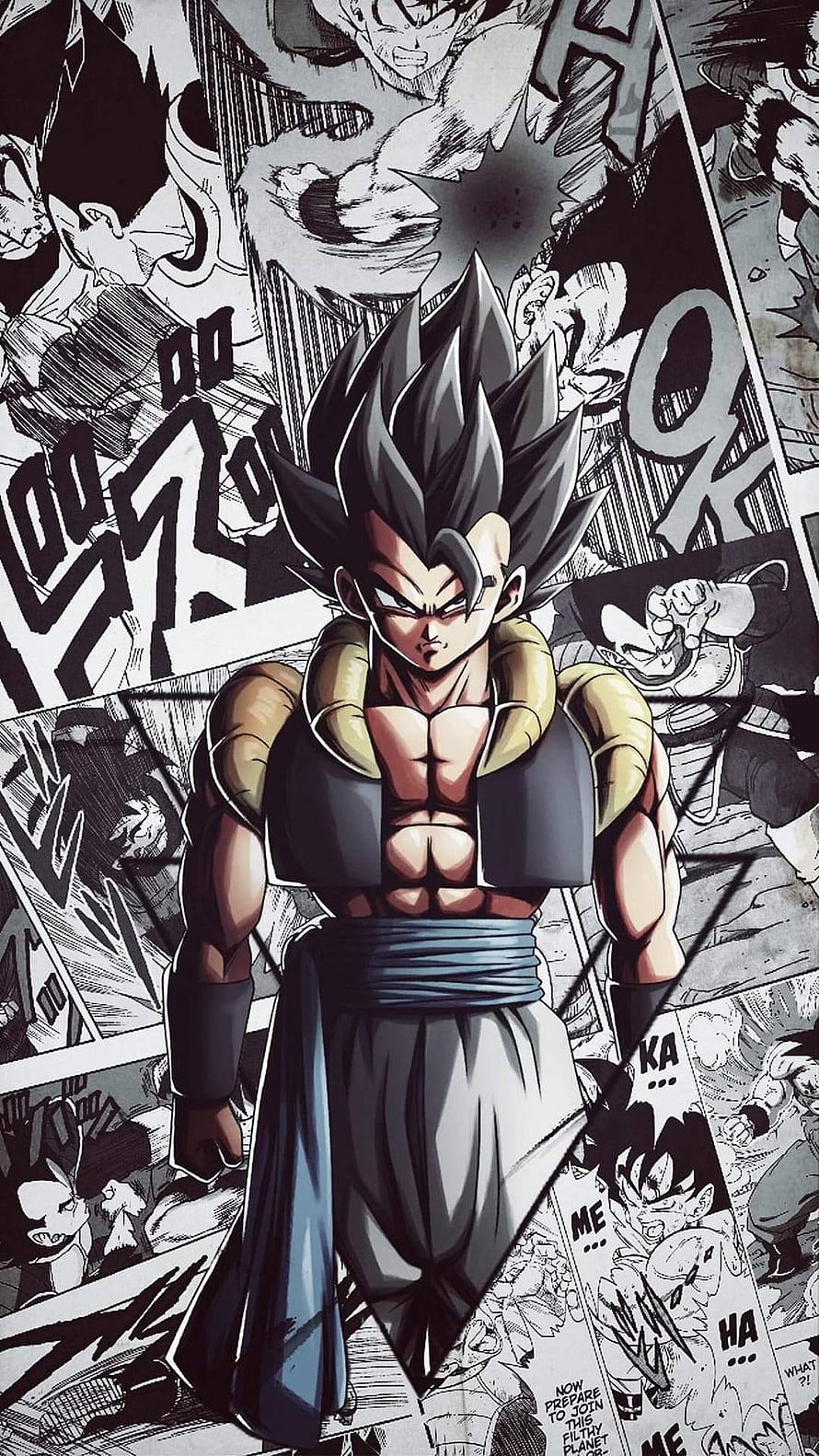 Gogeta Dragon Ball Z Anime Character Standing in Front of Manga Panels HD phone wallpaper