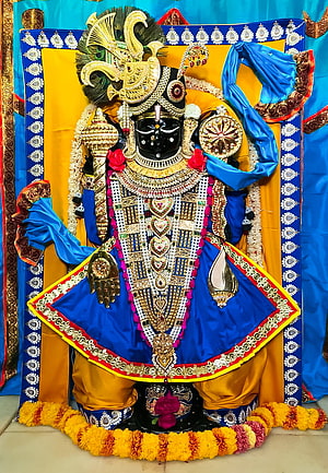 Ornate Krishna Murti Adorned in Blue Silk, Gold Jewelry, and Marigold Garlands HD phone wallpaper