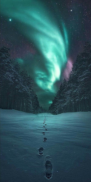 Aurora Borealis Over Snowy Pine Forest With Footprints Leading Into Winter Night HD phone wallpaper
