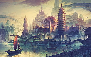 Mystical Asian Fantasy Cityscape with Pagodas and Traditional Boats HD wallpaper