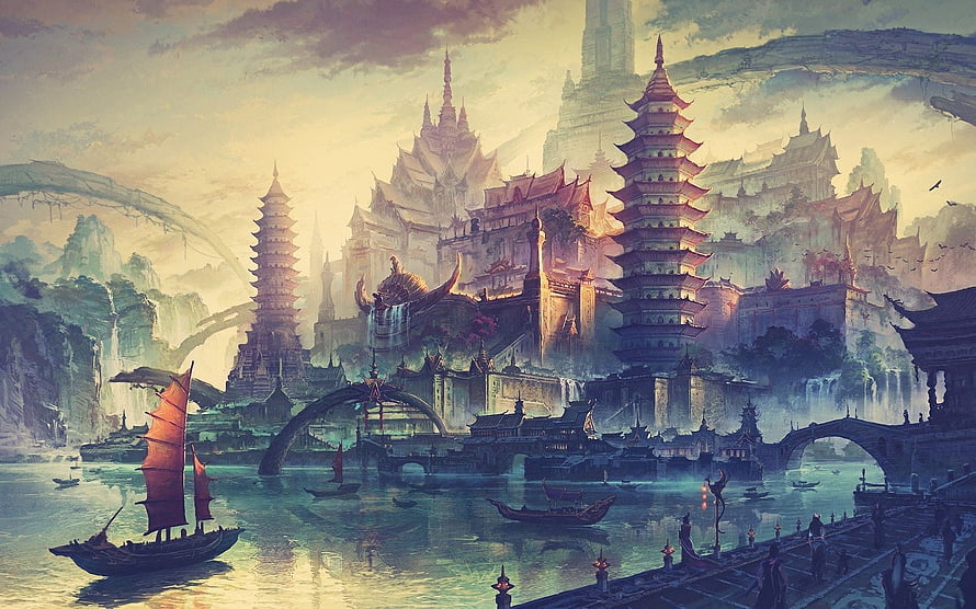 Mystical Asian Fantasy Cityscape with Pagodas and Traditional Boats HD wallpaper