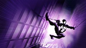Symbiote Spider-Man Swinging Through a Purple Hued Cityscape HD wallpaper