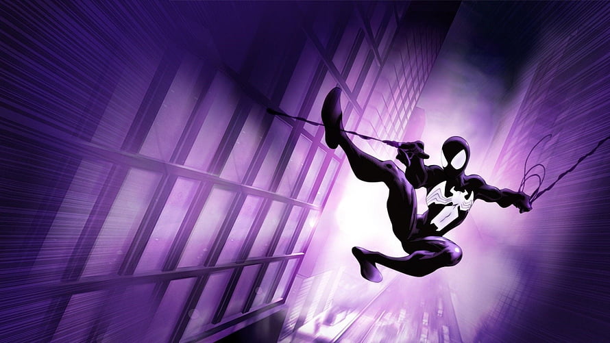 Symbiote Spider-Man Swinging Through a Purple Hued Cityscape HD wallpaper