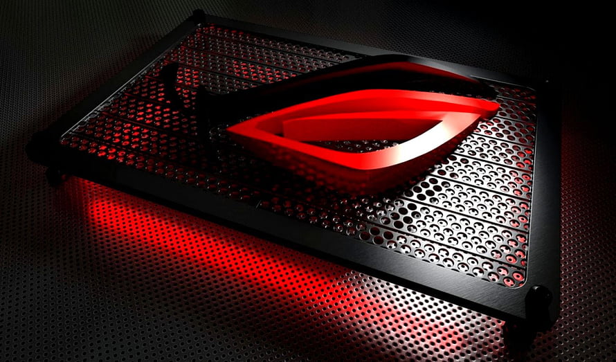 Asus ROG Republic of Gamers 3D Logo on Perforated Metal Surface with Red LED Glow HD wallpaper