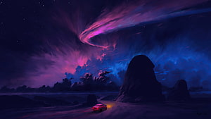 Lone Car on a Desert Road Beneath a Swirling Purple and Blue Night Sky HD wallpaper