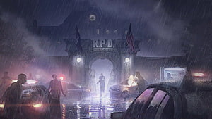 Resident Evil 2 Remake R.P.D. Headquarters in Heavy Rain and Chaos HD wallpaper