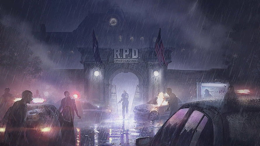 Resident Evil 2 Remake R.P.D. Headquarters in Heavy Rain and Chaos HD wallpaper