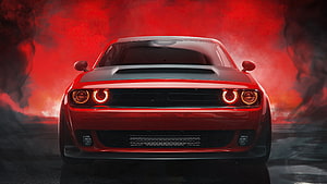 Red Dodge Challenger Front View Against Dramatic Fiery Red Smoke Background HD wallpaper