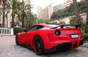 Red Ferrari F12 Berlinetta N-Largo Widebody Supercar Rear View HD wallpaper