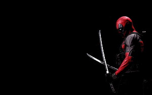 Deadpool in Red and Black Suit Holding Dual Katanas Against Dark Background HD wallpaper