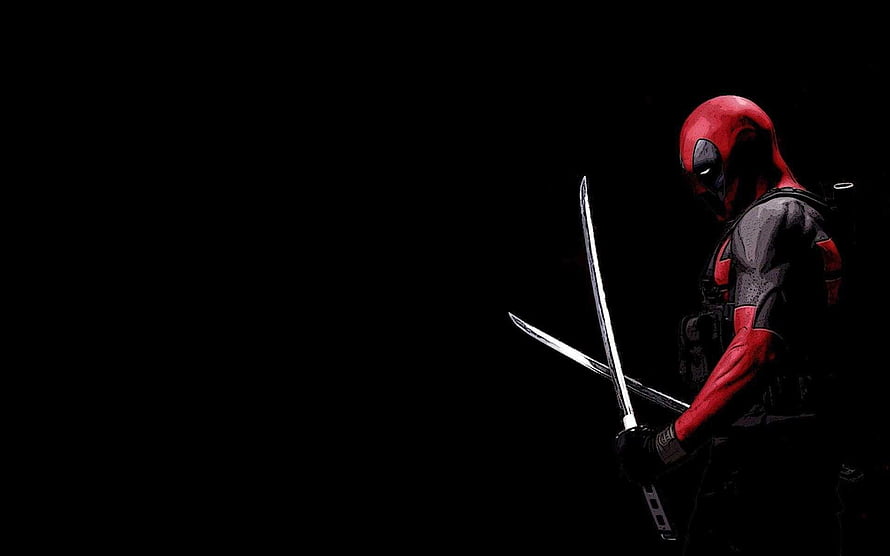 Deadpool in Red and Black Suit Holding Dual Katanas Against Dark Background HD wallpaper