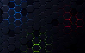 Dark 3D Hexagon Grid Pattern with Neon Blue, Red, and Green Glowing Accents HD wallpaper