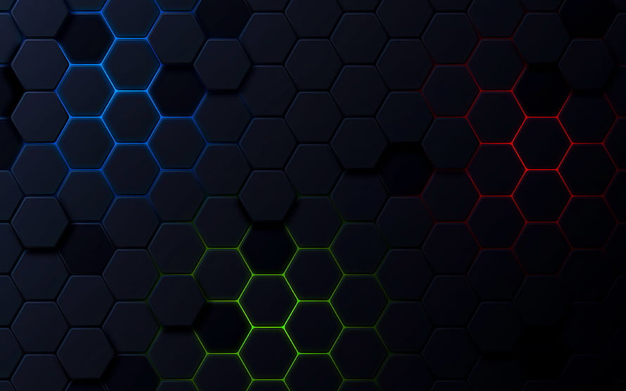 Dark 3D Hexagon Grid Pattern with Neon Blue, Red, and Green Glowing Accents HD wallpaper