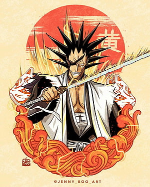 Kenpachi Zaraki from Bleach in a dynamic anime illustration with fox masks and a red sun backdrop HD phone wallpaper
