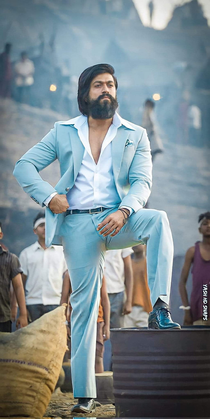 Yash in KGF Character Wearing Light Blue Suit with Beard and Confident Pose HD phone wallpaper