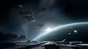 Massive Starfleet Convoy Approaching a Distant Planet in Deep Space HD wallpaper