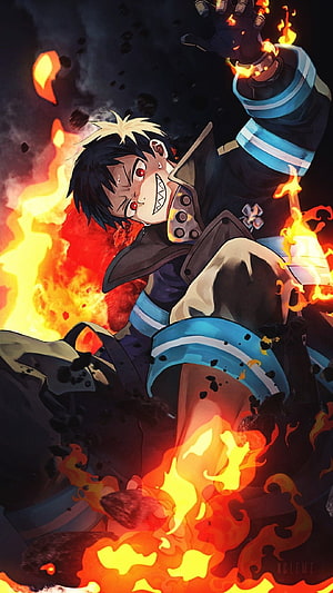 Shinra Kusakabe from Fire Force in a Dynamic Flame Burst Action Pose HD phone wallpaper