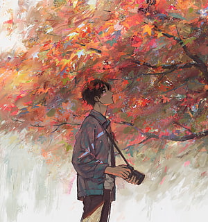 Anime Boy Holding Camera Under Vibrant Autumn Maple Tree Digital Painting HD phone wallpaper