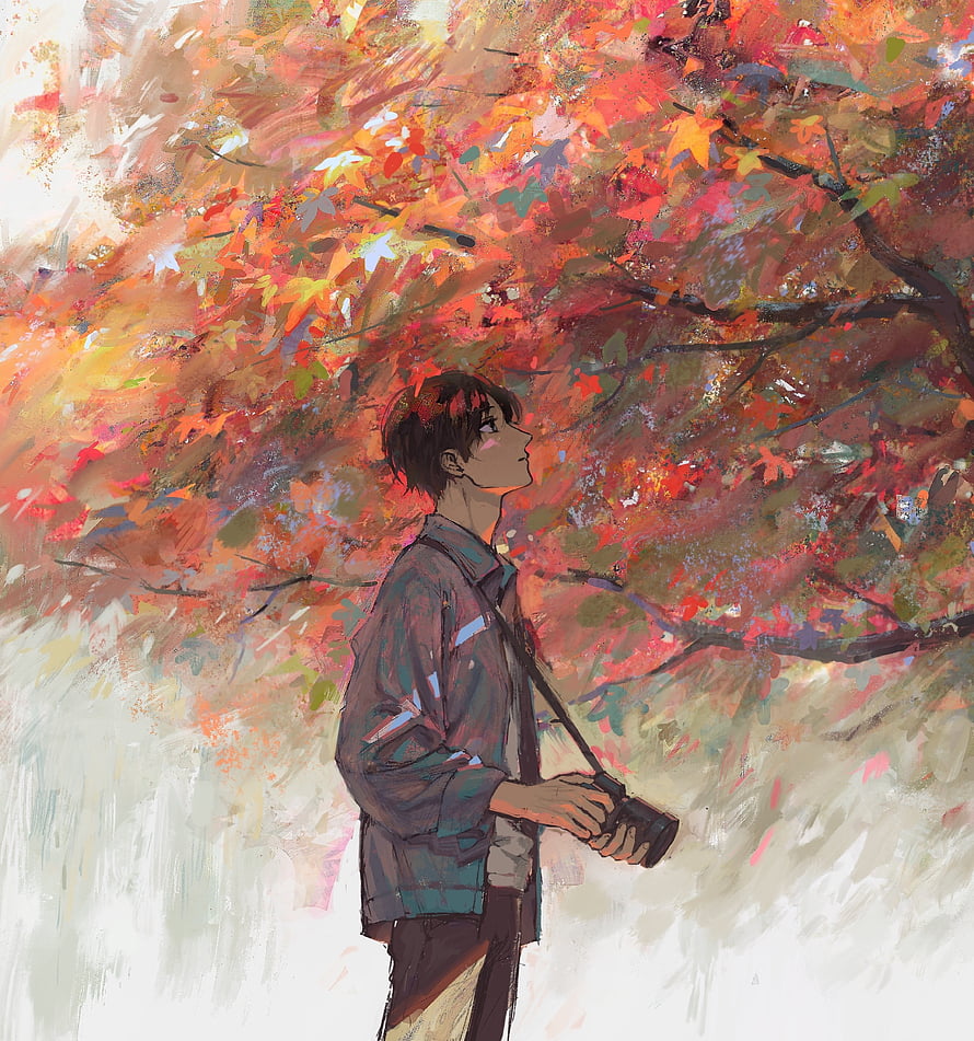Anime Boy Holding Camera Under Vibrant Autumn Maple Tree Digital Painting HD phone wallpaper