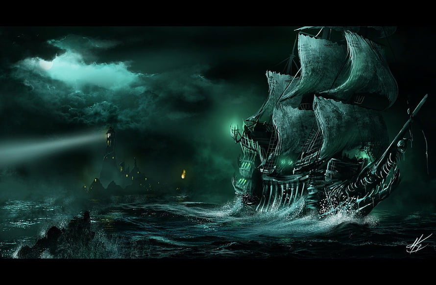 The Flying Dutchman Ghost Ship Sailing Through a Dark Stormy Night HD wallpaper