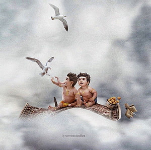 Baby Murugan and Ganesha Sitting on an Open Book in the Clouds HD wallpaper