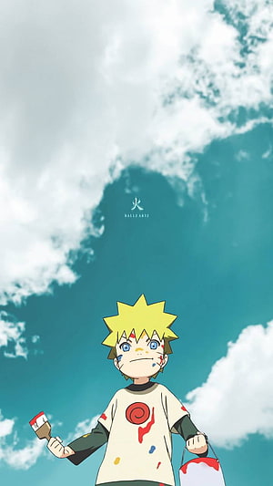 Young Naruto Uzumaki Holding Paintbrush and Bucket Under Cloudy Sky HD phone wallpaper