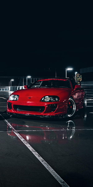 Red Toyota Supra MK4 Widebody Stance in a Nighttime Parking Lot HD phone wallpaper