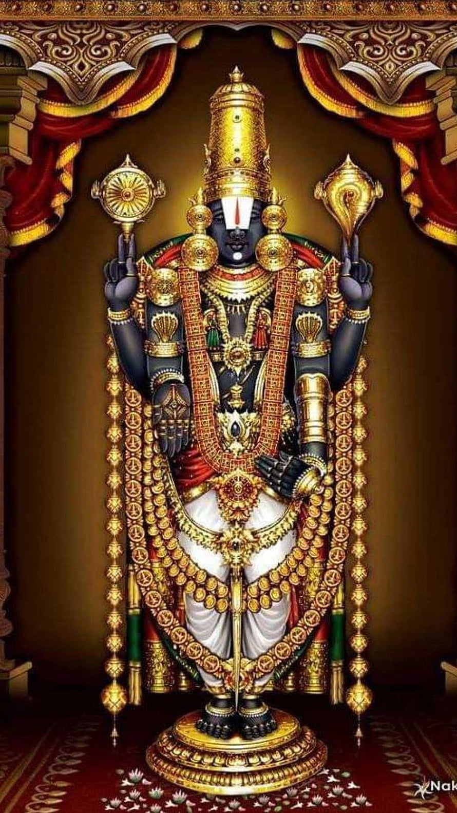 Tirupati Balaji Murti Adorned in Gold Ornaments and Sacred Garlands HD phone wallpaper