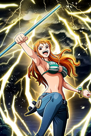 Nami from One Piece wielding a staff amid a dramatic lightning storm HD phone wallpaper