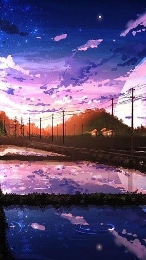 Dreamy Twilight Countryside with Railway Tracks and Reflective Ponds HD phone wallpaper