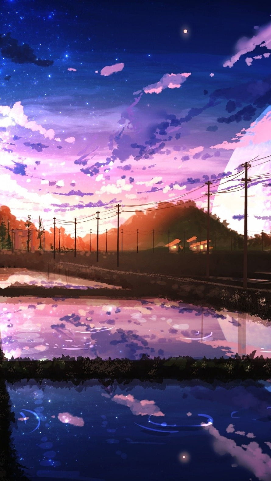 Dreamy Twilight Countryside with Railway Tracks and Reflective Ponds HD phone wallpaper
