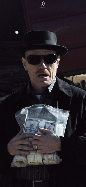 Walter White from Breaking Bad holding a bag of cash in a black hat and sunglasses HD phone wallpaper