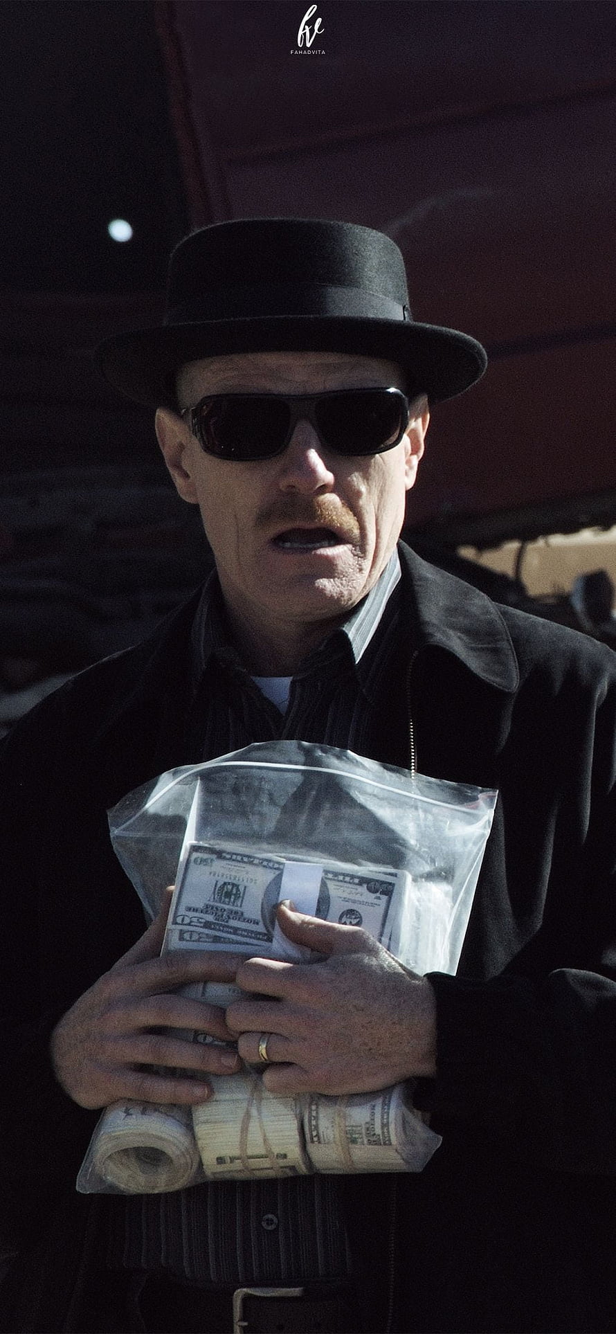 Walter White from Breaking Bad holding a bag of cash in a black hat and sunglasses HD phone wallpaper