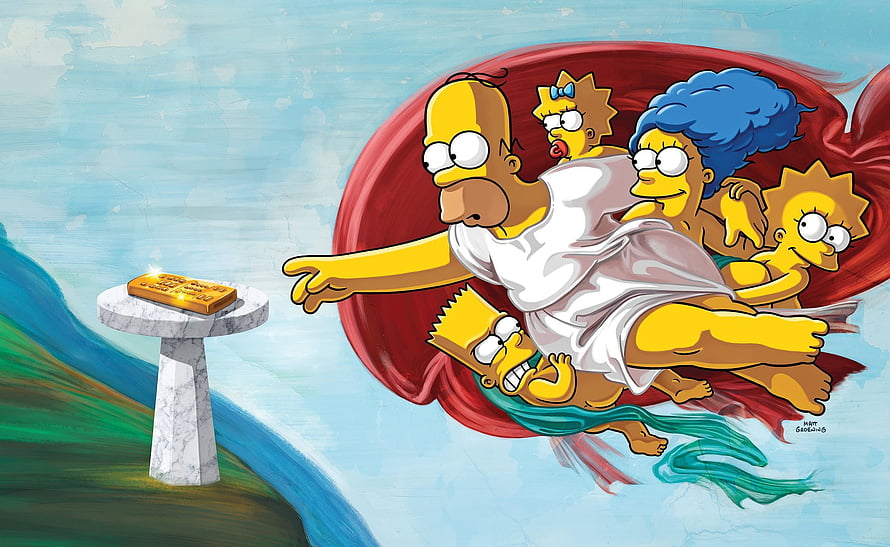 The Simpsons Family Flying Toward a Glowing Remote Control in a Red Cloud HD wallpaper