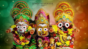 Lord Jagannath with Subhadra and Balabhadra adorned in vibrant floral garlands and ornate crowns HD wallpaper