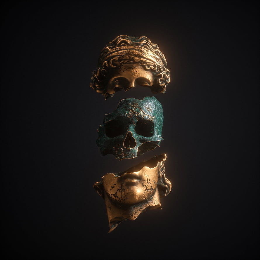 Fragmented Bronze and Patina Skull Sculpture Floating in Dark Void HD phone wallpaper