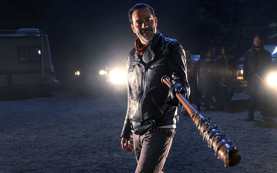 Negan from The Walking Dead holding a spiked baseball bat at night HD wallpaper
